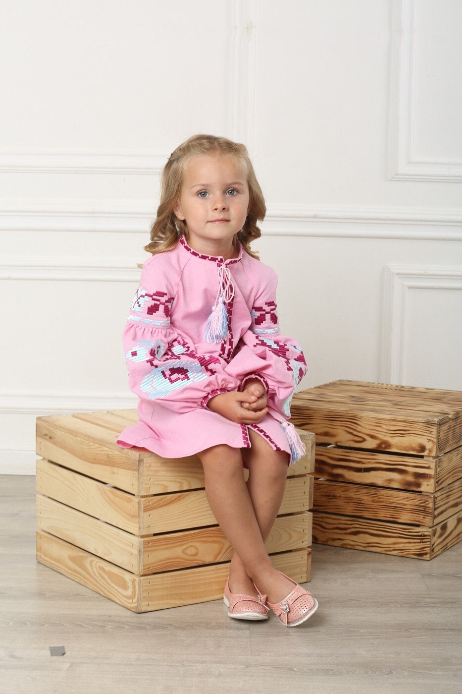 Pink Embroidered Vyshyvanka Linen Dress for Girls Traditional Ukrainian