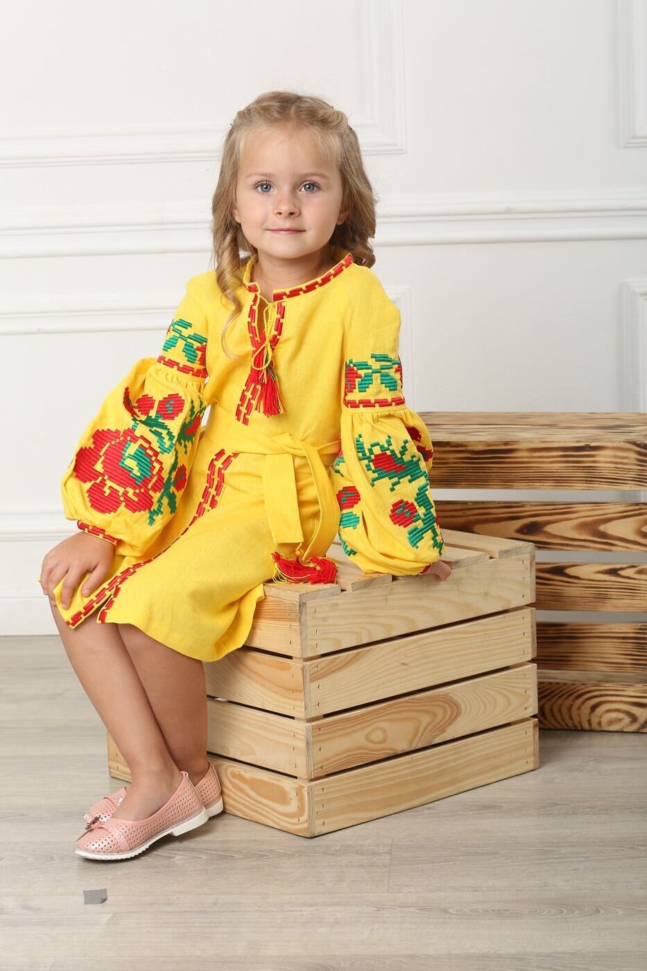Yellow Embroidered Vyshyvanka Linen Dress for Girls Traditional Ukrainian