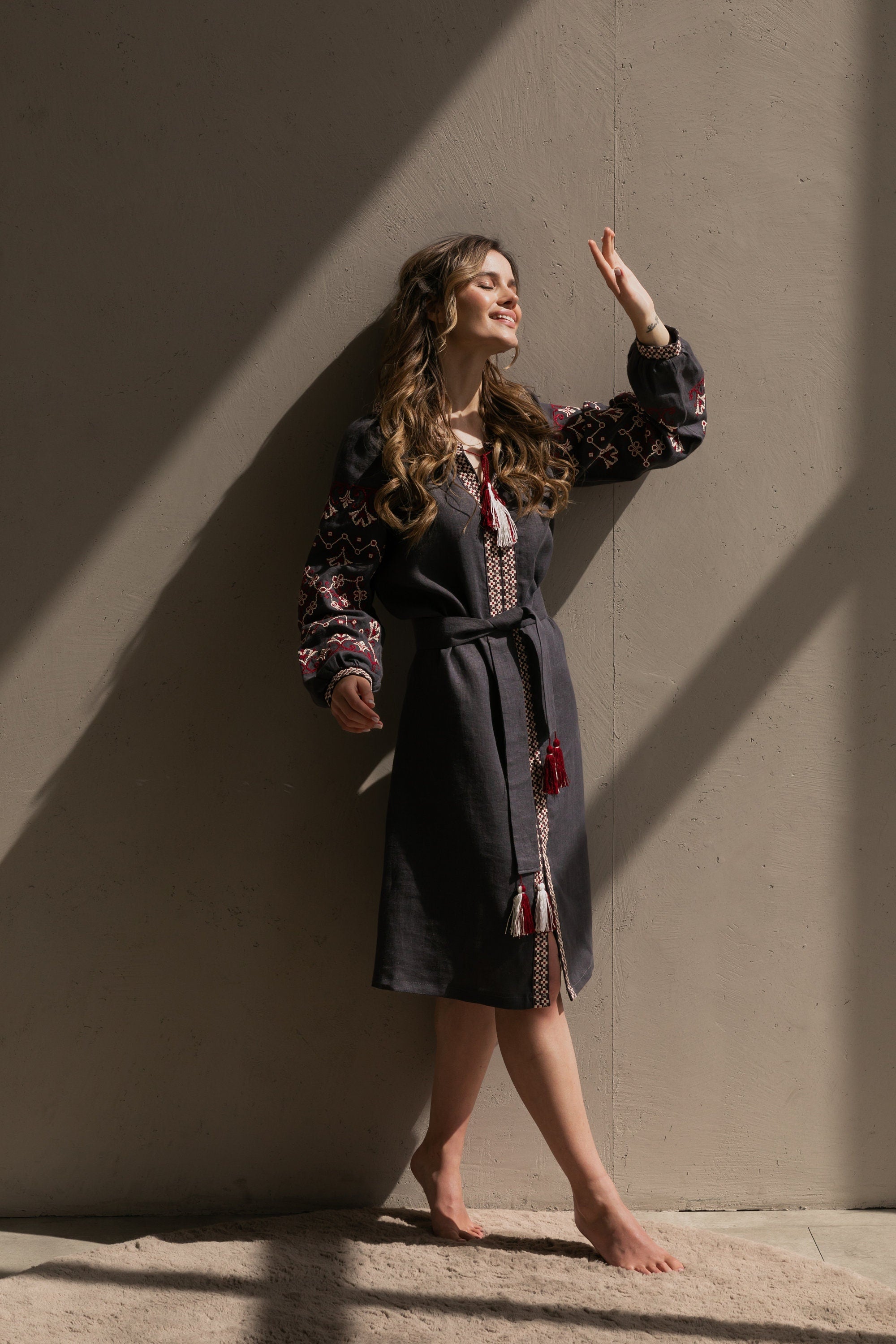 Gray Ukrainian Embroidered Vyshyvanka Linen Dress - Boho Folk Style