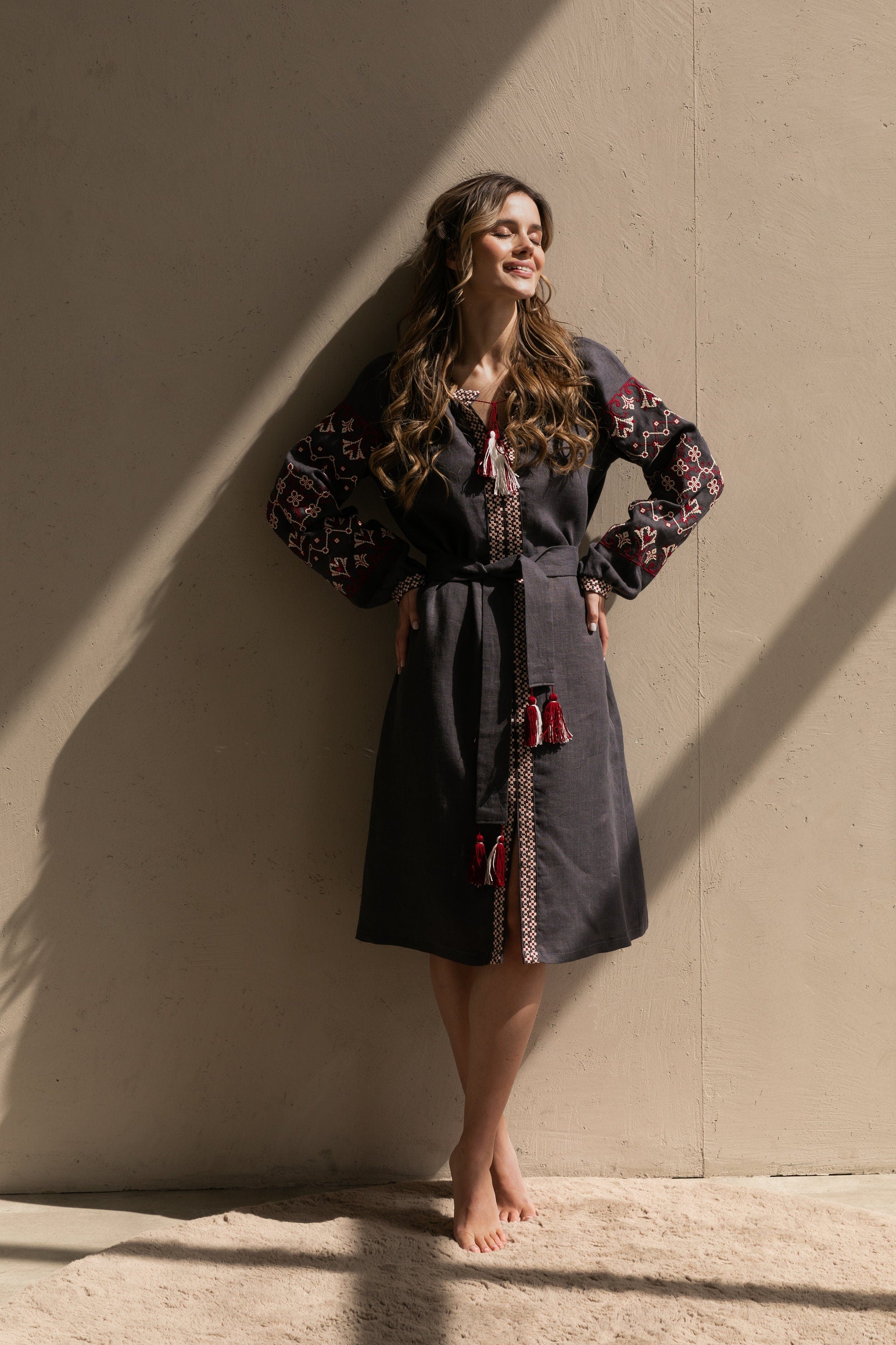 Gray Ukrainian Embroidered Vyshyvanka Linen Dress - Boho Folk Style