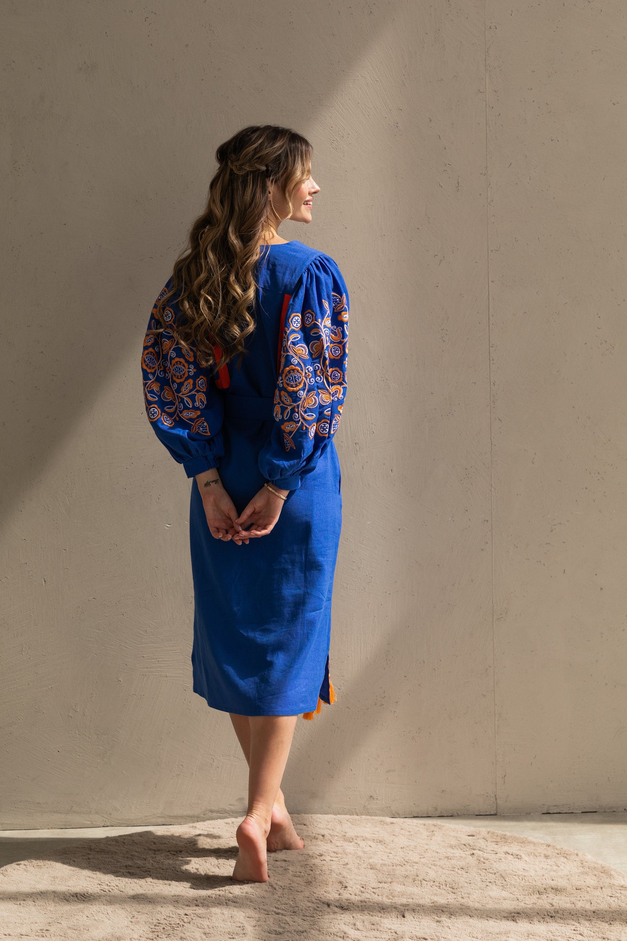 Blue Ukrainian Vyshyvanka Linen Dress - Boho Embroidered Folk Style