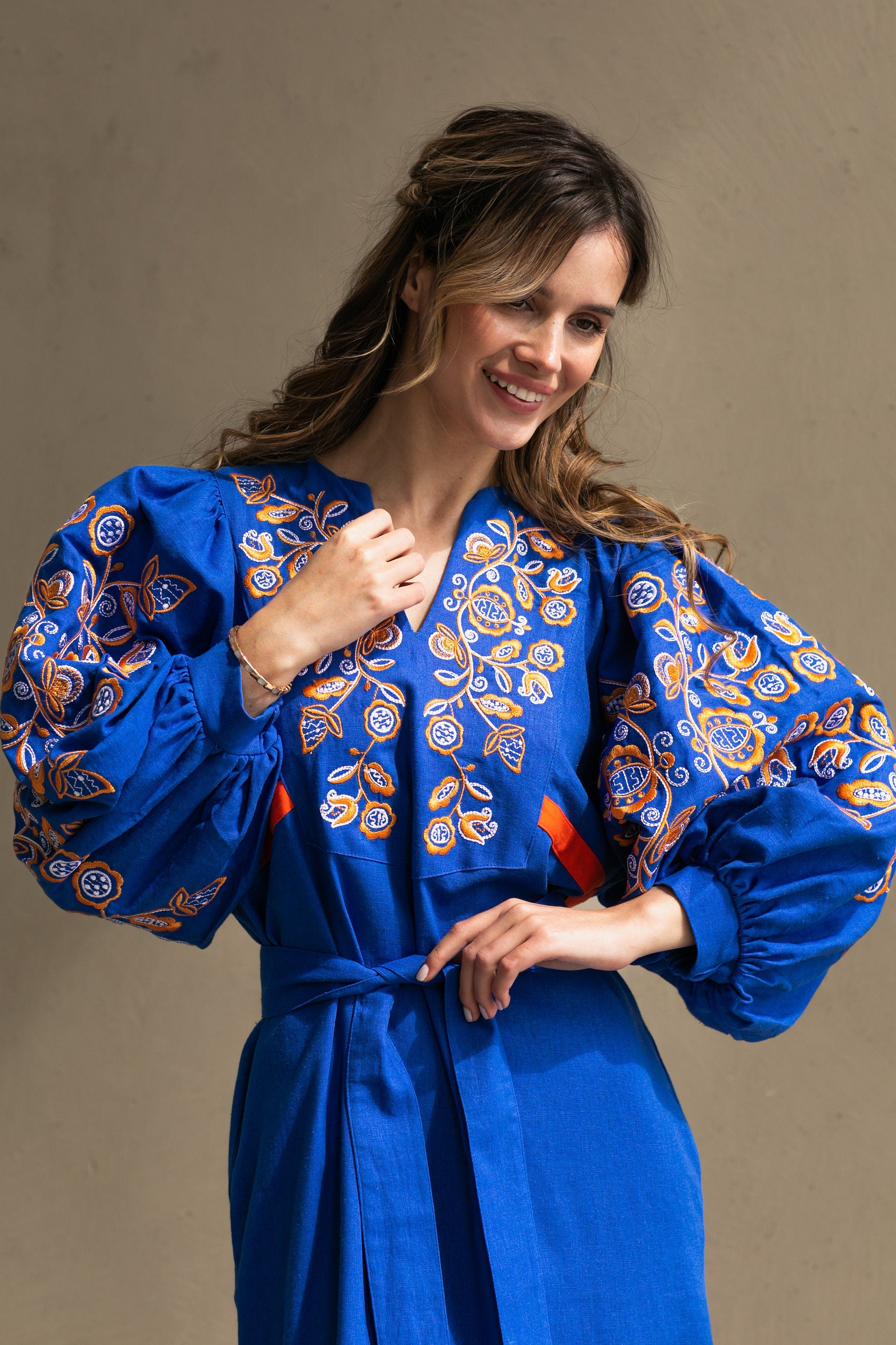 Blue Ukrainian Vyshyvanka Linen Dress - Boho Embroidered Folk Style