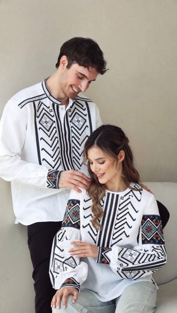 SET Wedding White Linen Shirts & Ukrainian Vyshyvanka Dress | Boho Style