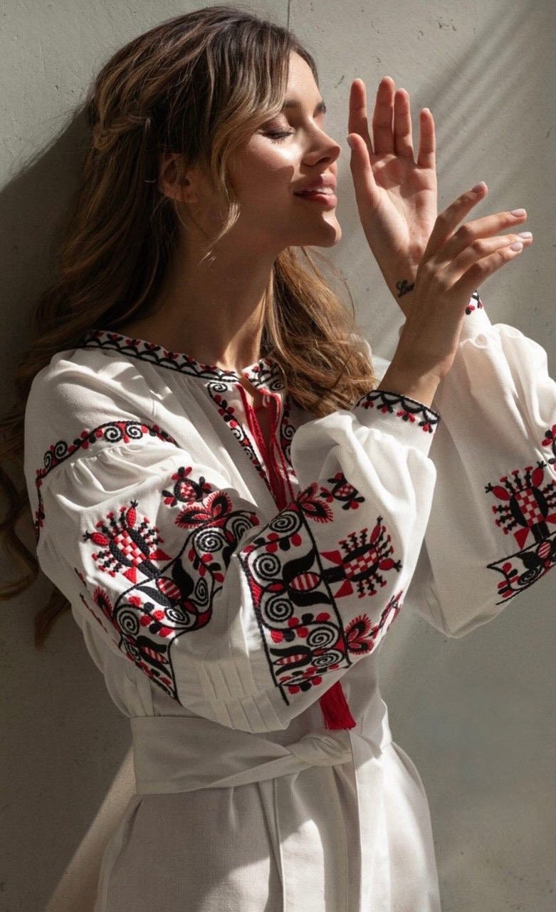 White Embroidered Ukrainian Vyshyvanka Dress - Boho Linen for Women