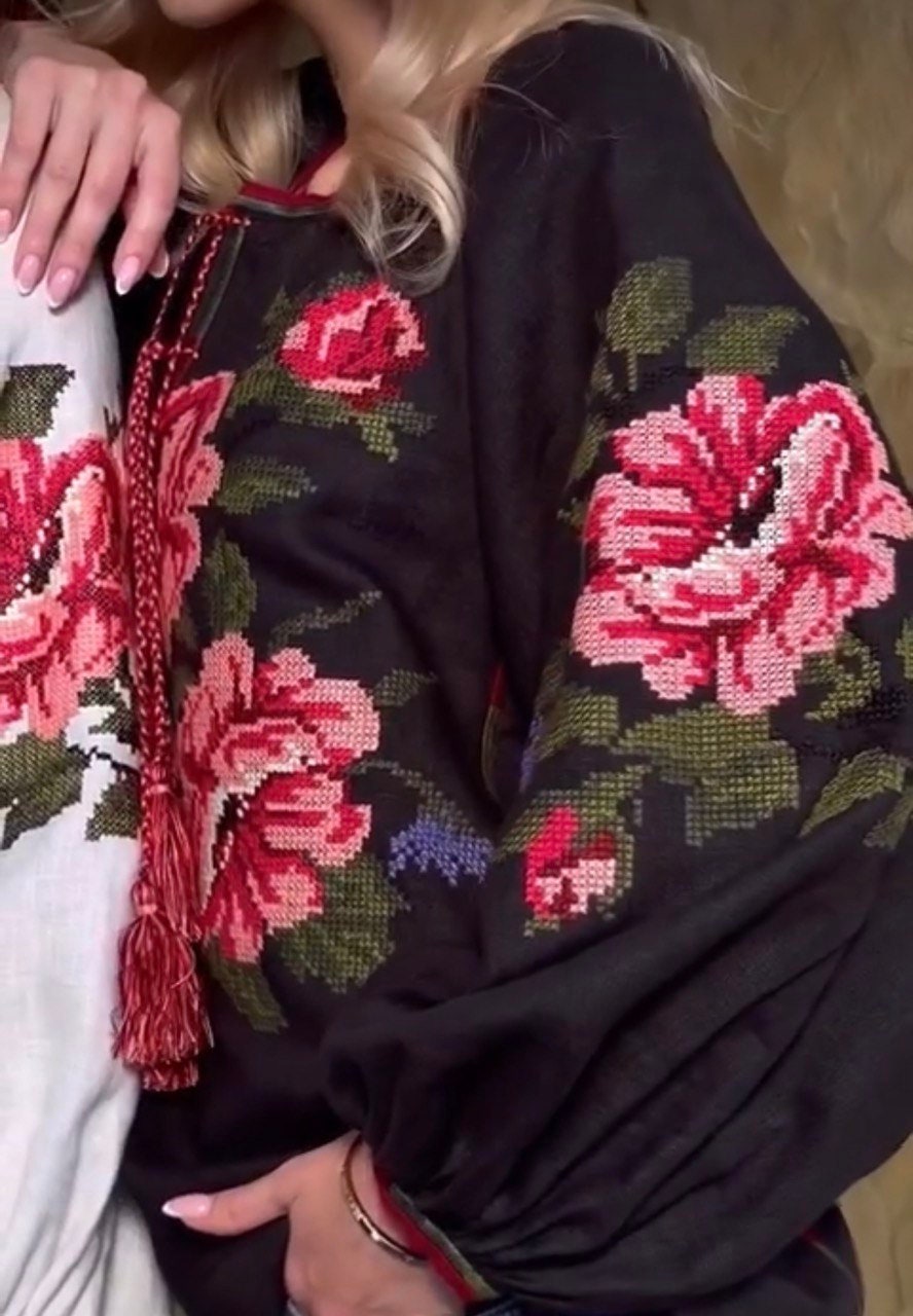 Ukrainian Vyshyvanka Black Floral Embroidered Dress - Bohemian Ethnic Style