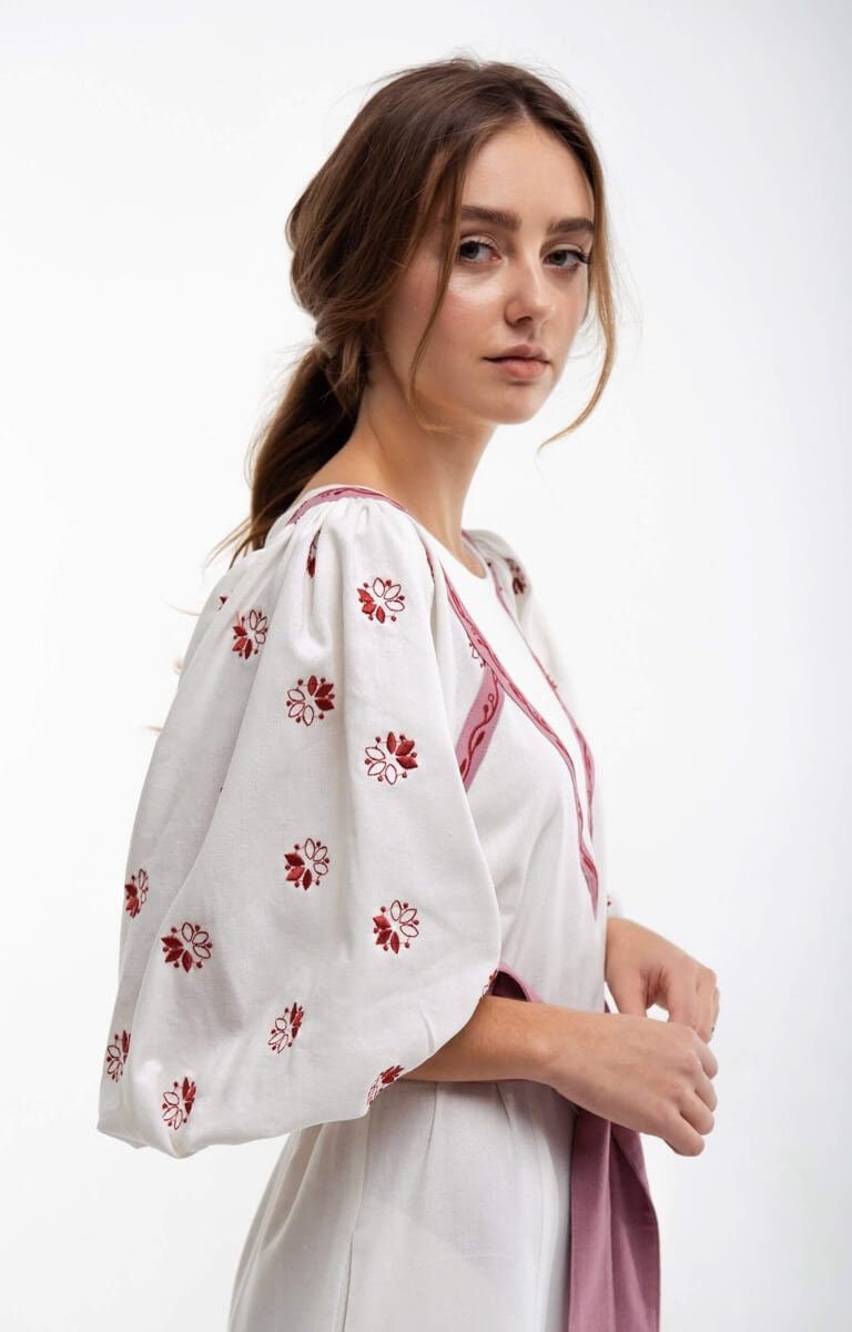 Milky Linen Embroidered Ukrainian Vyshyvanka Caftan Dress | Boho Style Easter Outfit