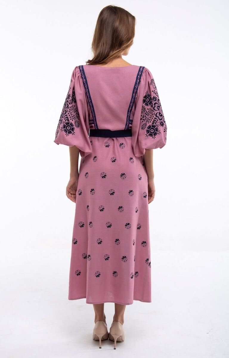 Powder Pink Linen Embroidered Ukrainian Vyshyvanka Dress - Ethnic Boho Caftan for Women