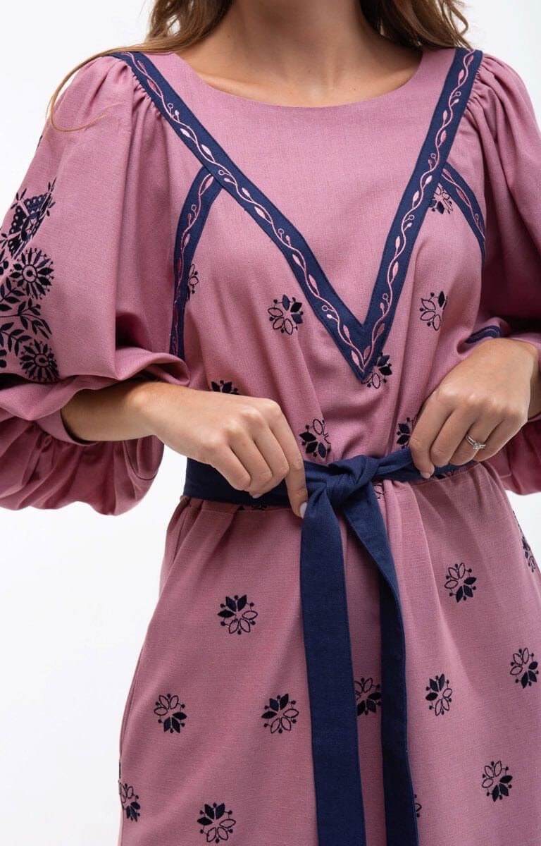 Powder Pink Linen Embroidered Ukrainian Vyshyvanka Dress - Ethnic Boho Caftan for Women