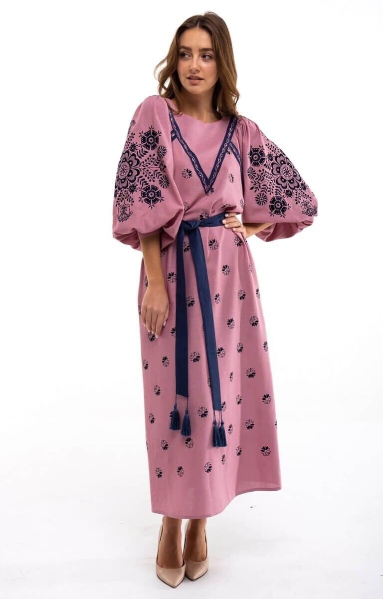 Powder Pink Linen Embroidered Ukrainian Vyshyvanka Dress - Ethnic Boho Caftan for Women