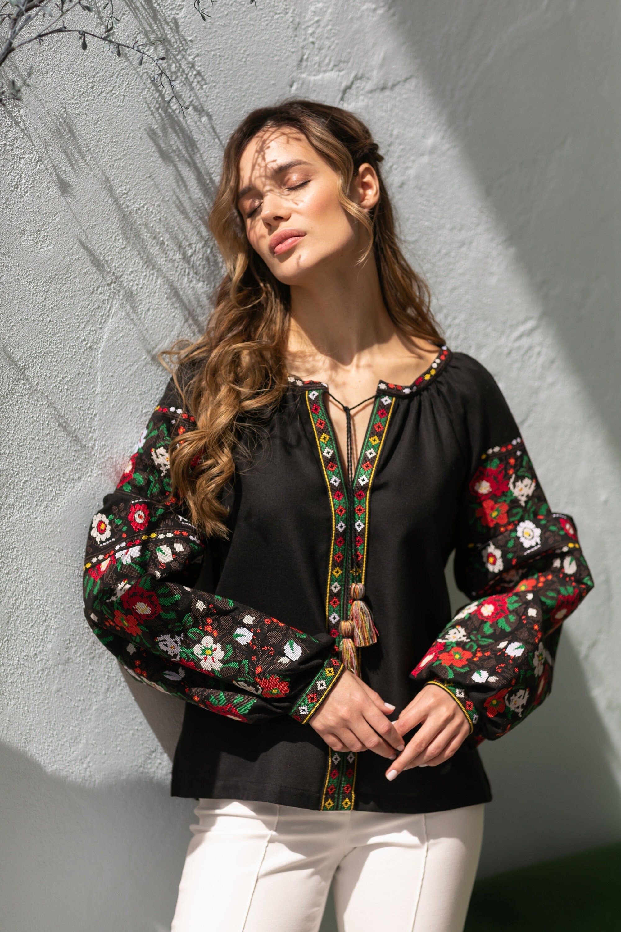 Black "Borshchivska" Embroidered Ukrainian Vyshyvanka Blouse - Women's Ethnic Floral Spring Top