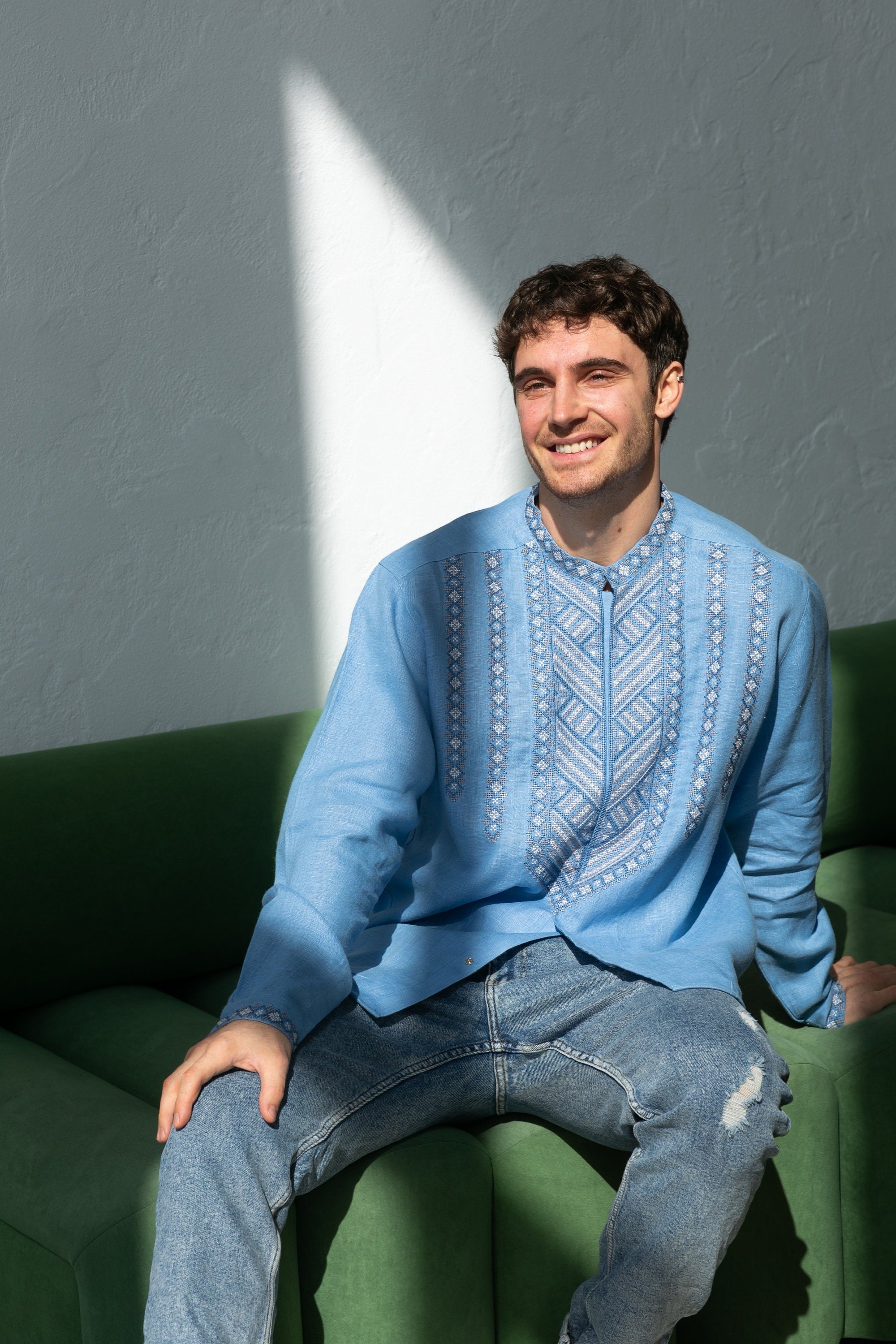 Blue Linen Embroidered shirt Ukrainian Vyshyvanka for Men Traditional Shirt