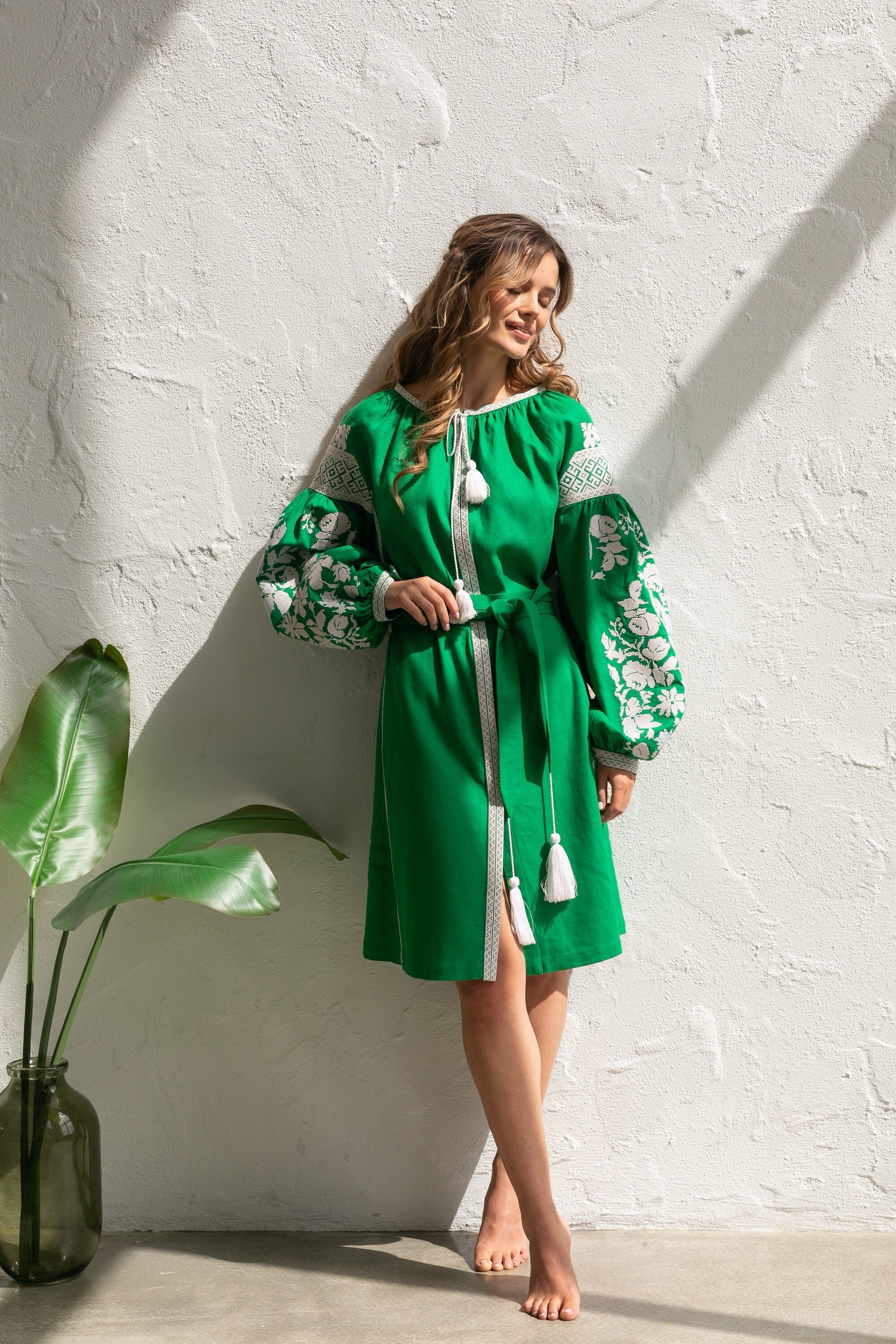 Ukrainian Vyshyvanka Linen Dress - Boho Green Women's Wear