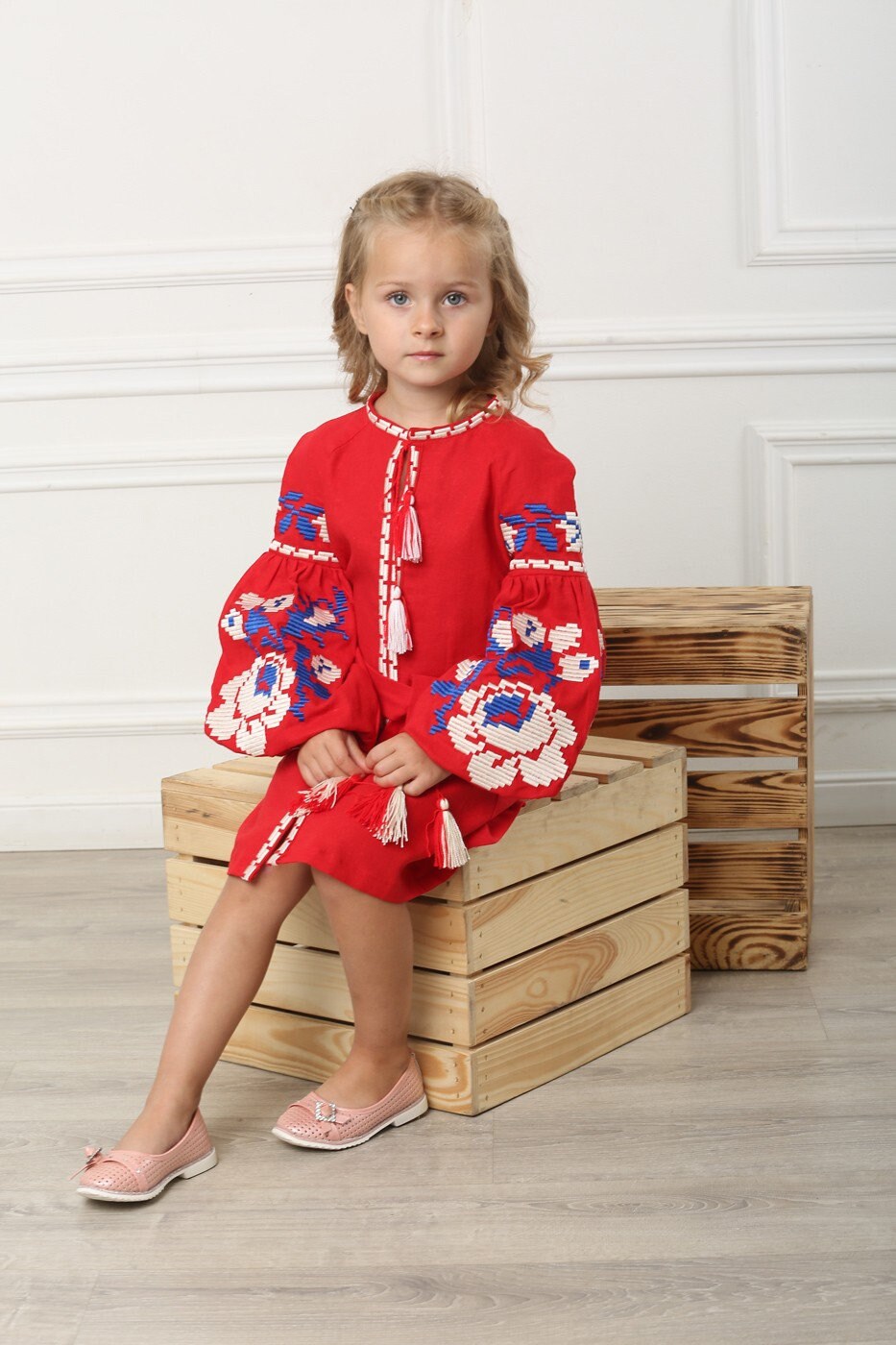 RED Embroidered Vyshyvanka Linen Dress for Girls - Traditional Ukrainian Style