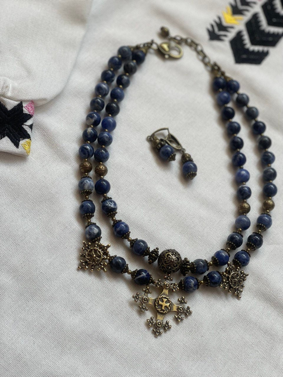 2025 Blue Ukrainian Traditional Necklace "Magic of Ukrainian Night" - Handmade Stone Jewelry