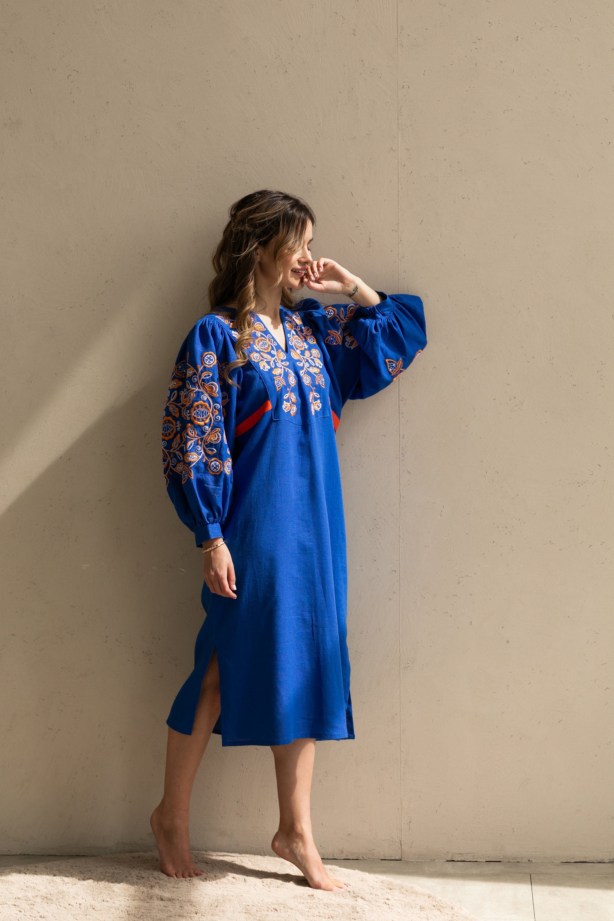 Blue Ukrainian Vyshyvanka Linen Dress - Boho Embroidered Folk Style