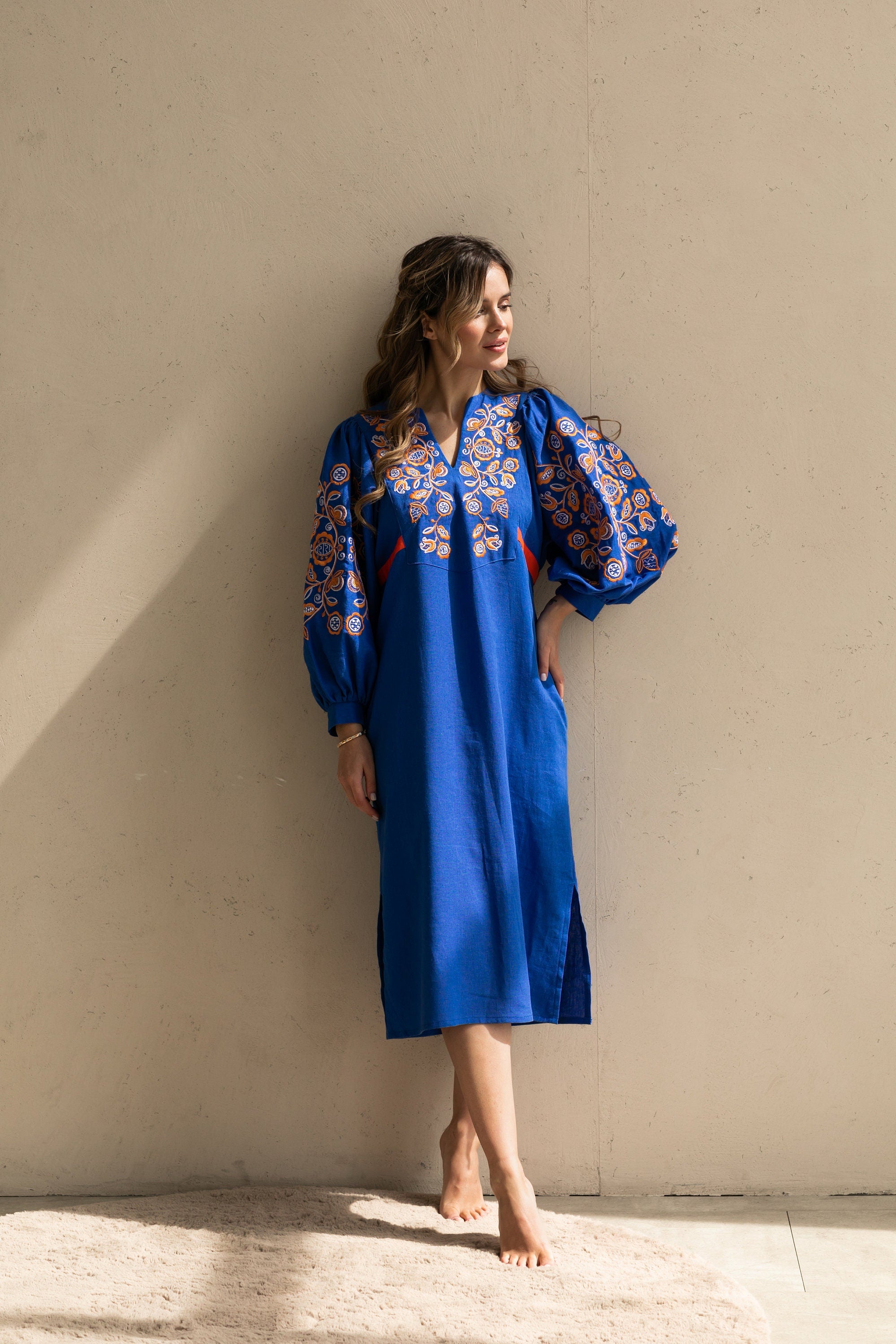 Blue Ukrainian Vyshyvanka Linen Dress - Boho Embroidered Folk Style