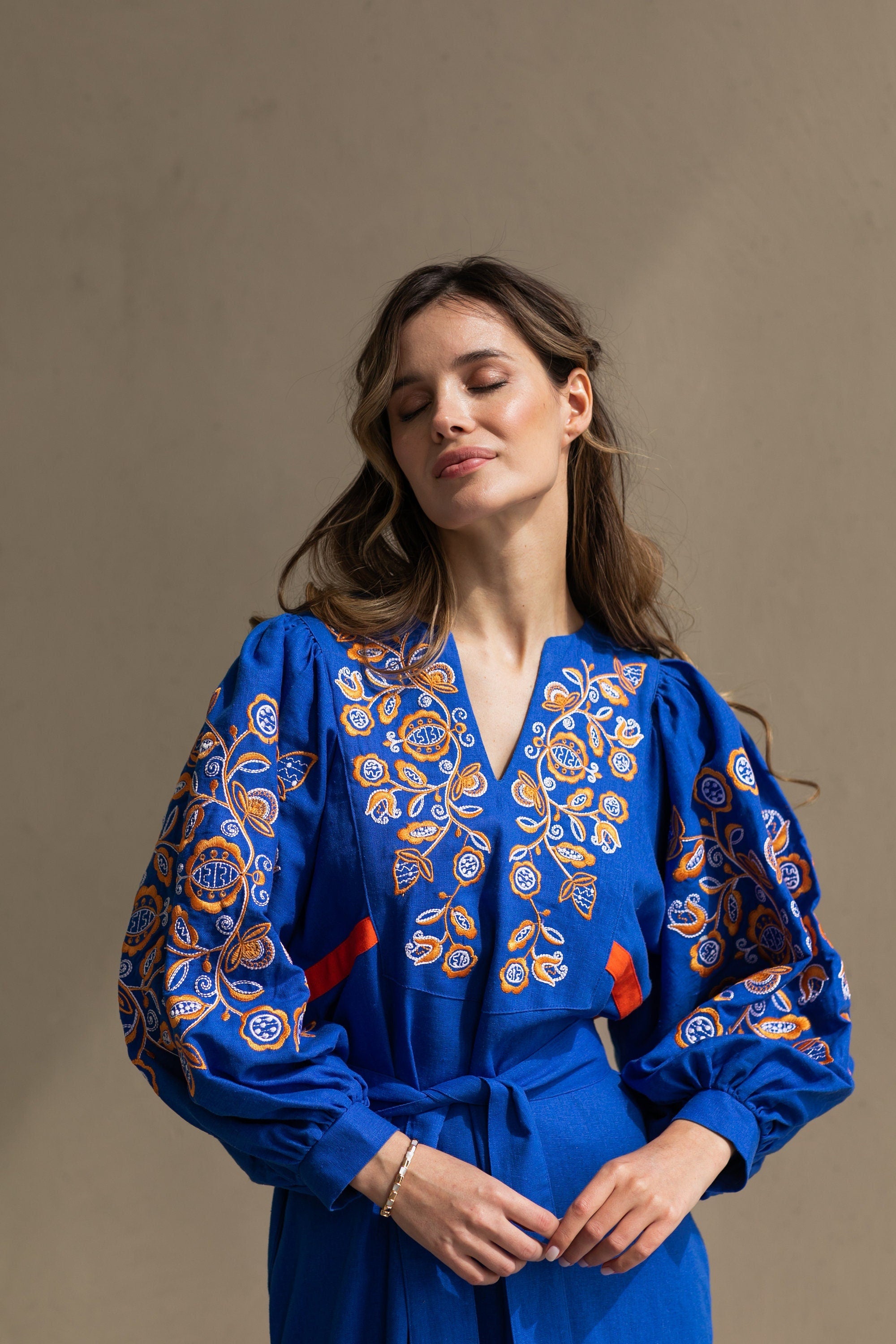 Blue Ukrainian Vyshyvanka Linen Dress - Boho Embroidered Folk Style