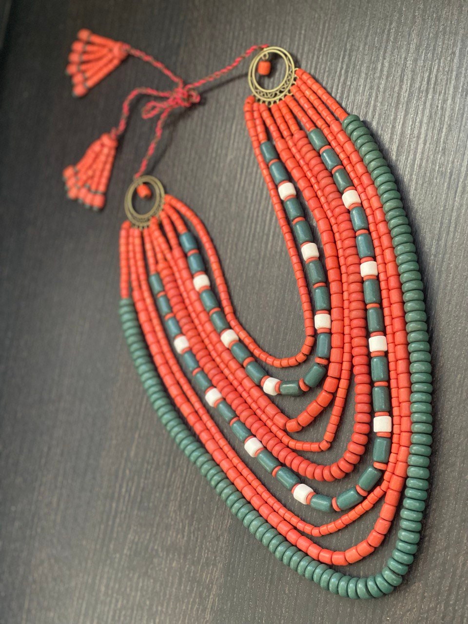 Ukrainian Traditional Red and Green Ceramic Necklace with Antique Fireplace Beads