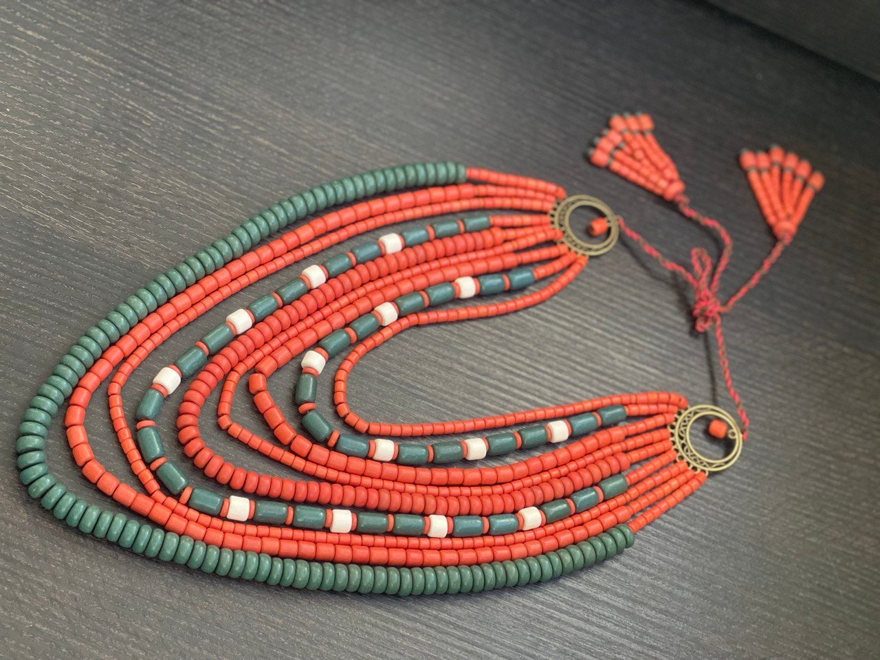 Ukrainian Traditional Red and Green Ceramic Necklace with Antique Fireplace Beads