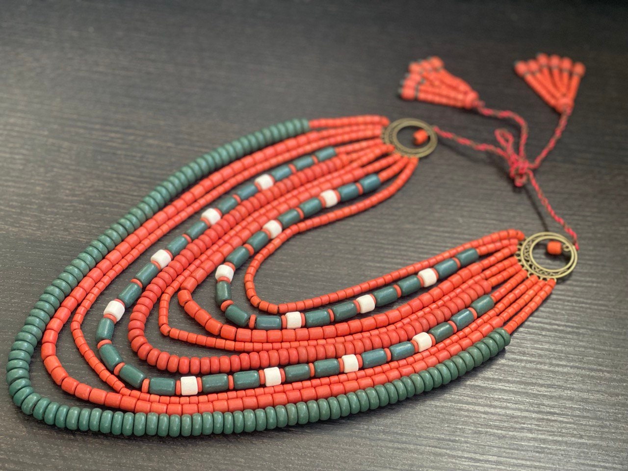 Ukrainian Traditional Red and Green Ceramic Necklace with Antique Fireplace Beads