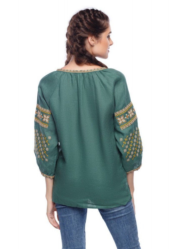 Ukrainian Vyshyvanka Linen Blouse - Green Embroidered Alatyr Boho Peasant Top