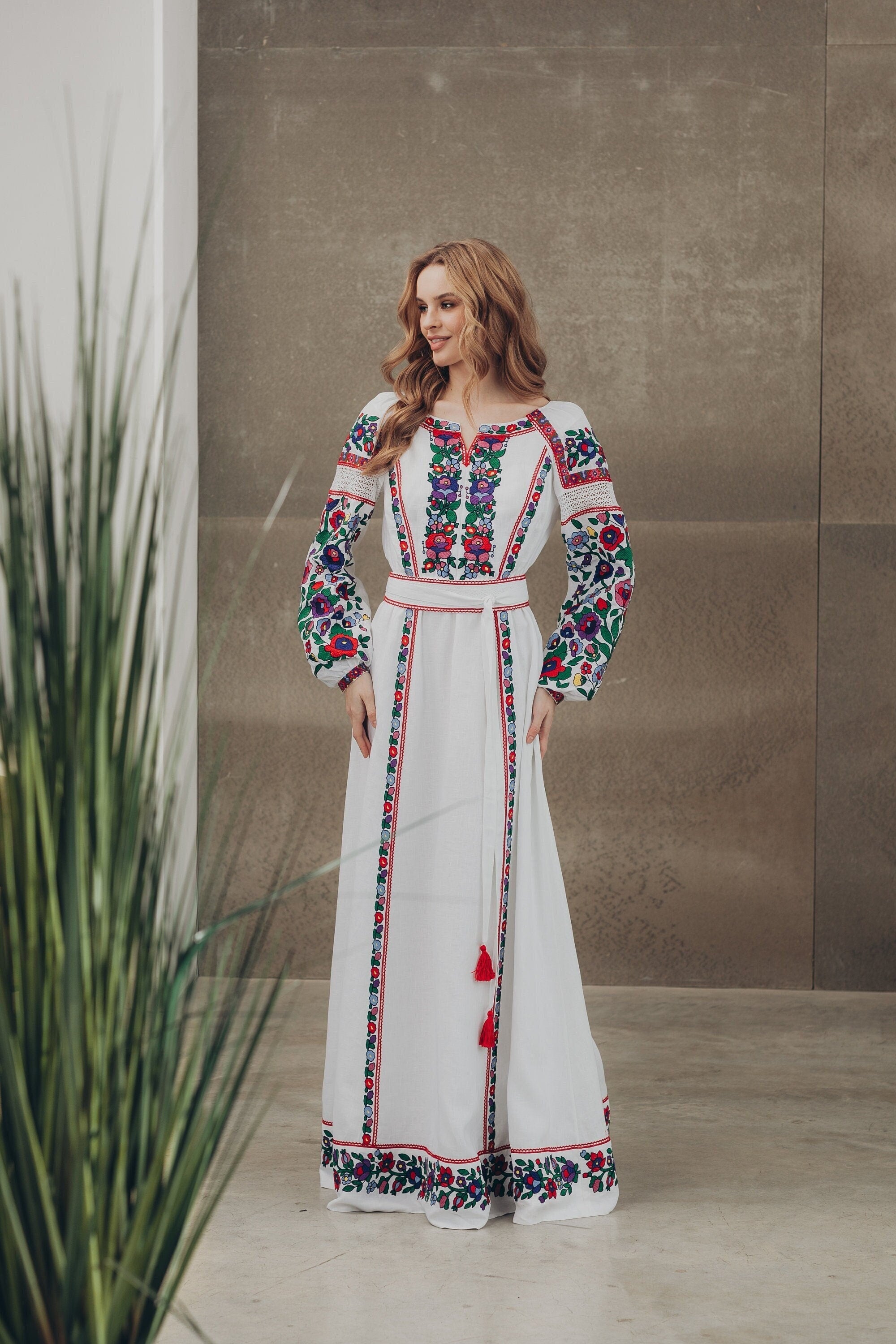White Wedding Embroidered Linen Vyshyvanka Dress - Boho Ukrainian Folk Style