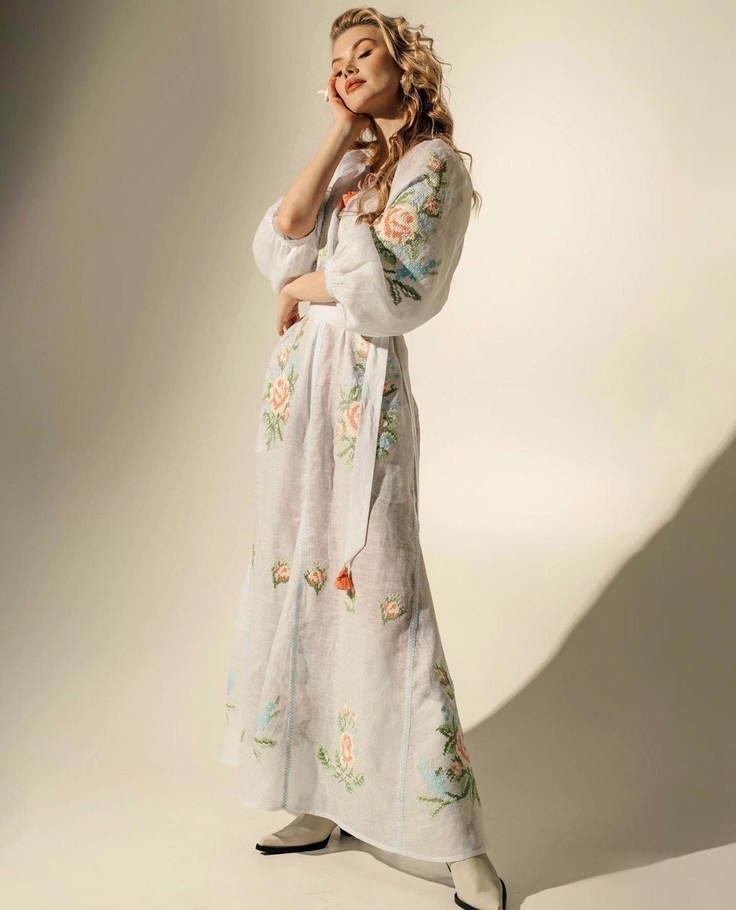 White Ukrainian Embroidered Linen Boho Wedding Dress