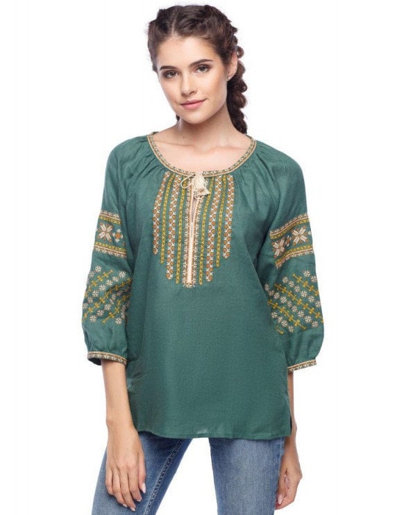 Green Ukrainian Embroidered Vyshyvanka Blouse for Women