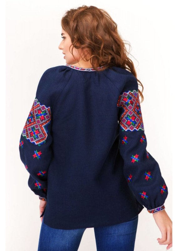 Ukrainian Vyshyvanka Blue Linen Blouse - Embroidered Star of Alatyr Boho Chic Peasant Top