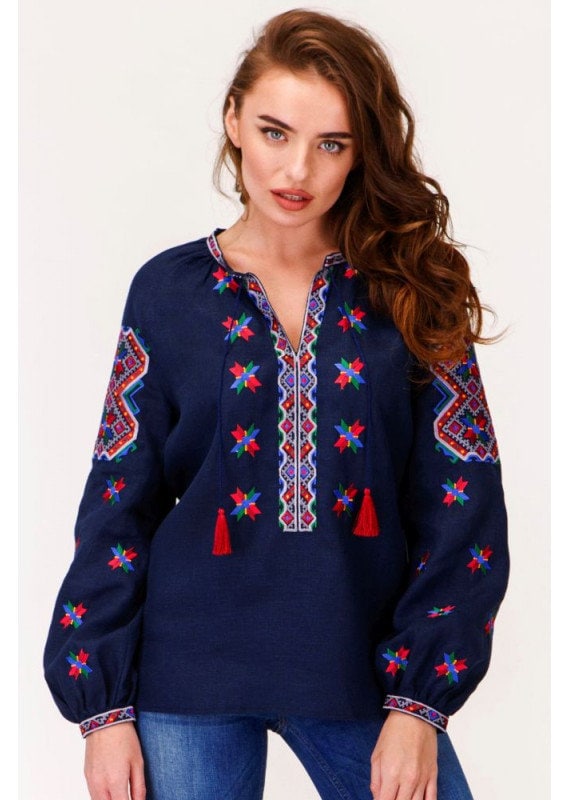 Ukrainian Vyshyvanka Blue Linen Blouse - Embroidered Star of Alatyr Boho Chic Peasant Top