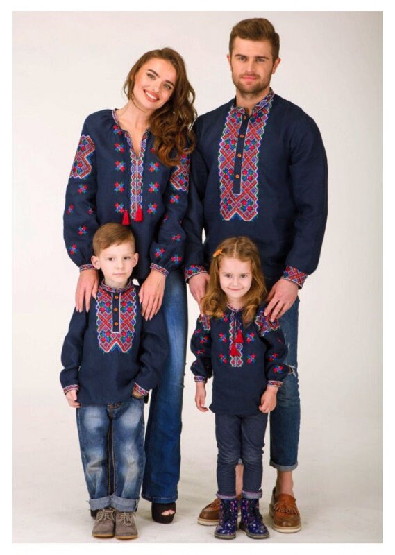 Ukrainian Vyshyvanka Blue Linen Blouse - Embroidered Star of Alatyr Boho Chic Peasant Top