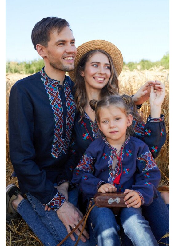 Ukrainian Vyshyvanka Blue Linen Blouse - Embroidered Star of Alatyr Boho Chic Peasant Top