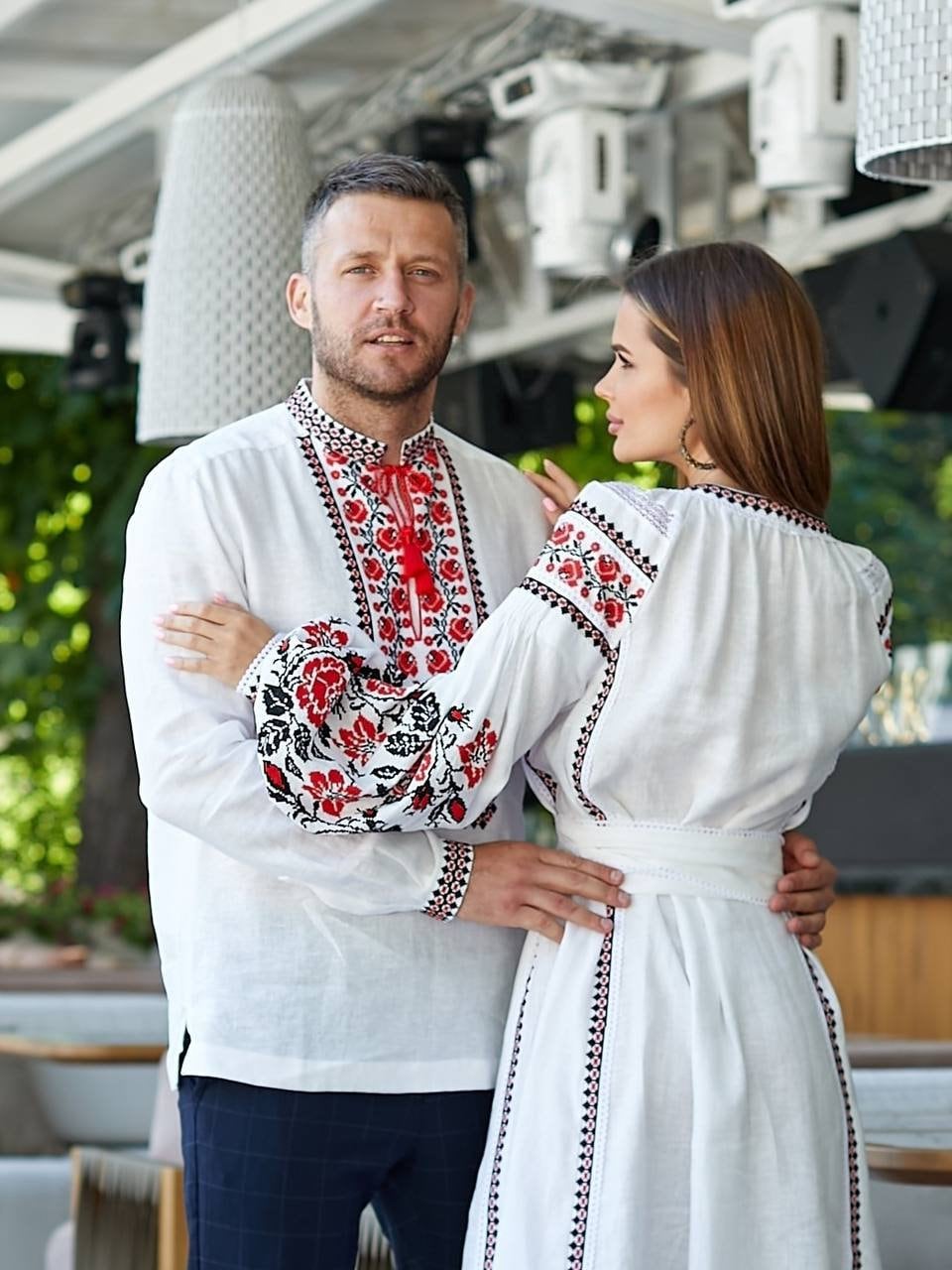 Embroidered White Linen Wedding Dress with Red Ukrainian