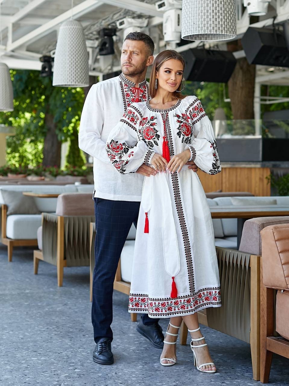 White Linen Wedding Dress with Red Ukrainian Embroidery - Boho Style
