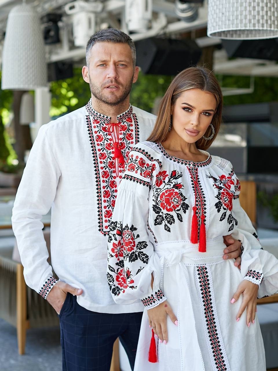 Embroidered White Linen Wedding Dress with Red Ukrainian