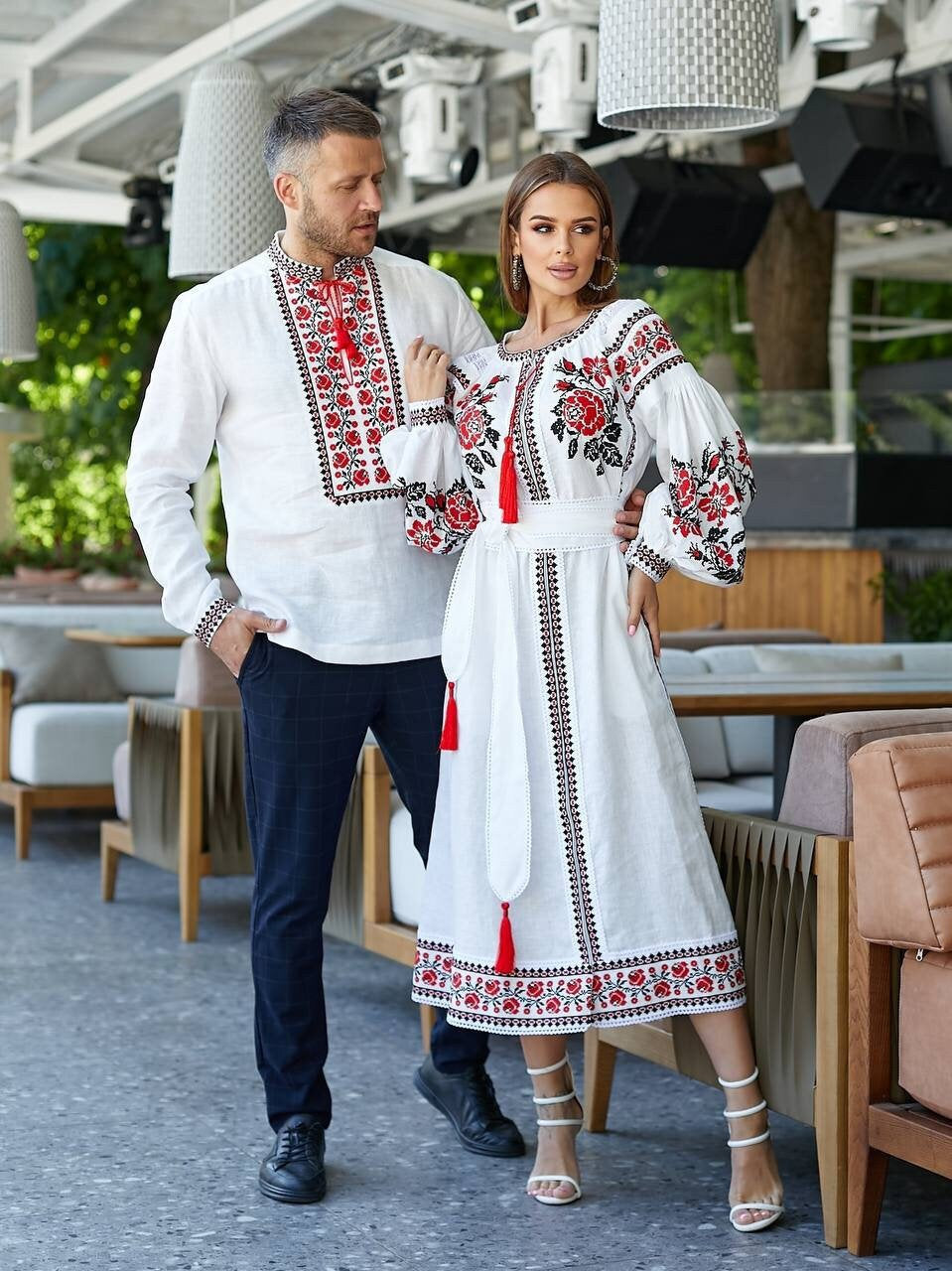White Linen Wedding Dress with Red Ukrainian Embroidery - Boho Style