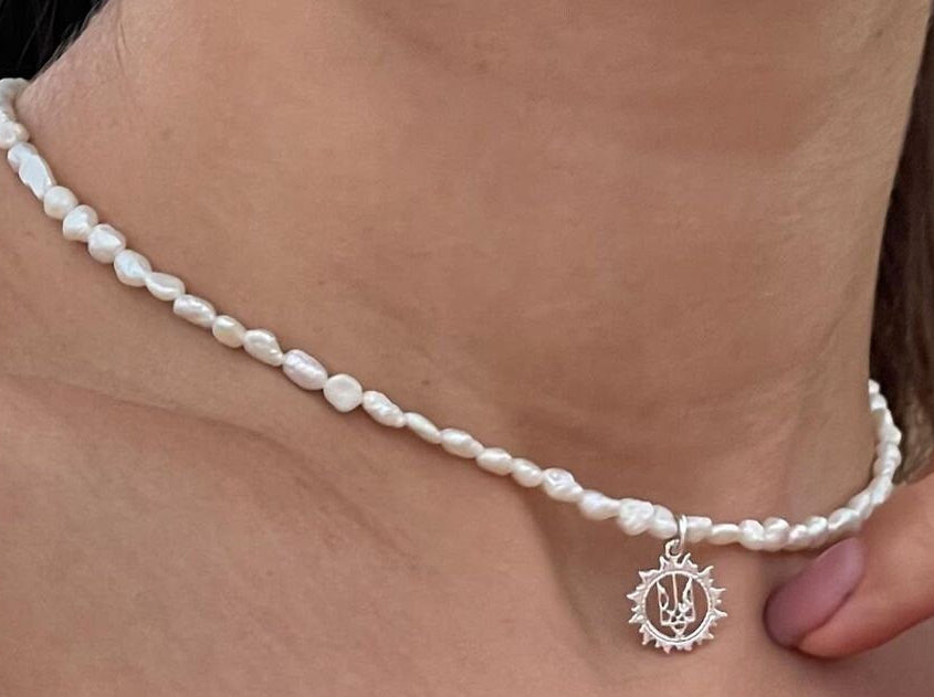 Ukrainian Trident Necklace with Natural River Pearls - Handmade Traditional Jewelry