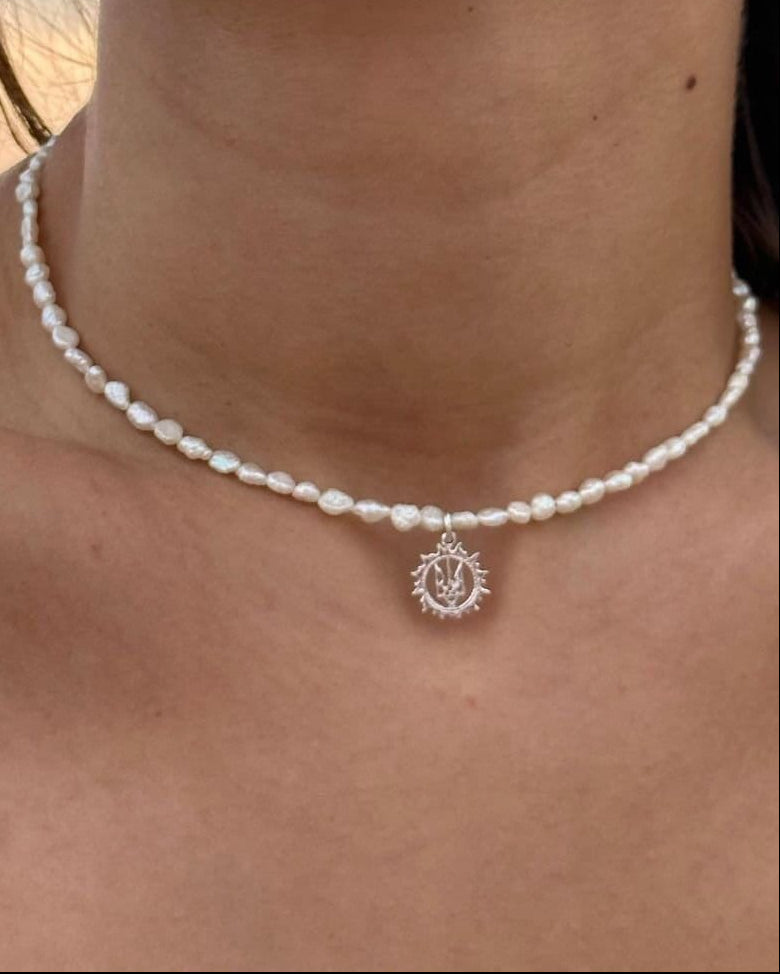 Ukrainian Trident Necklace with Natural River Pearls - Handmade Traditional Jewelry