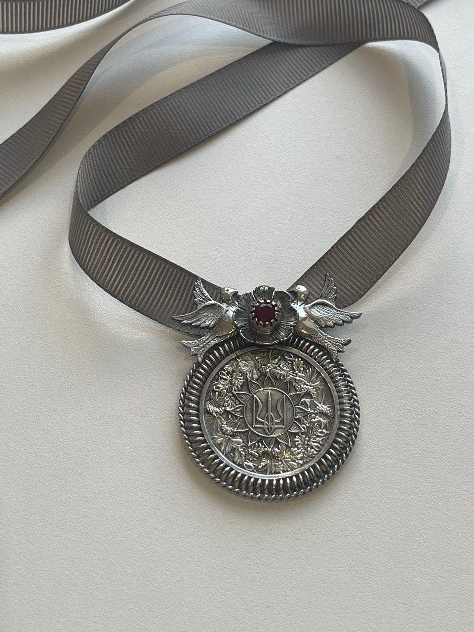 Ukrainian Silver Trident Pendant - Traditional Dukach Ethnic Necklace