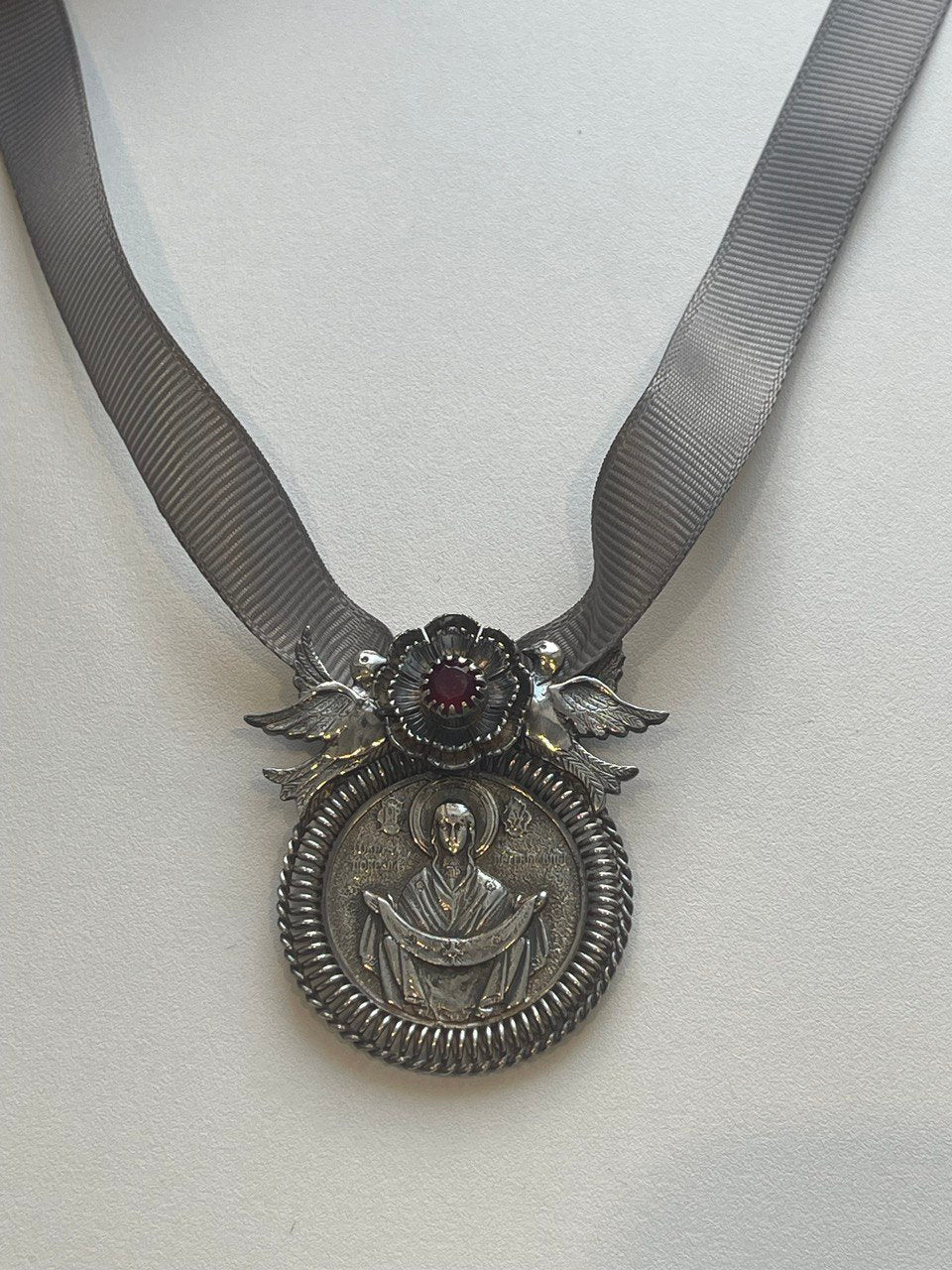 Ukrainian Silver Dukach Pendant - Mother of God's Protection Ethnic Necklace