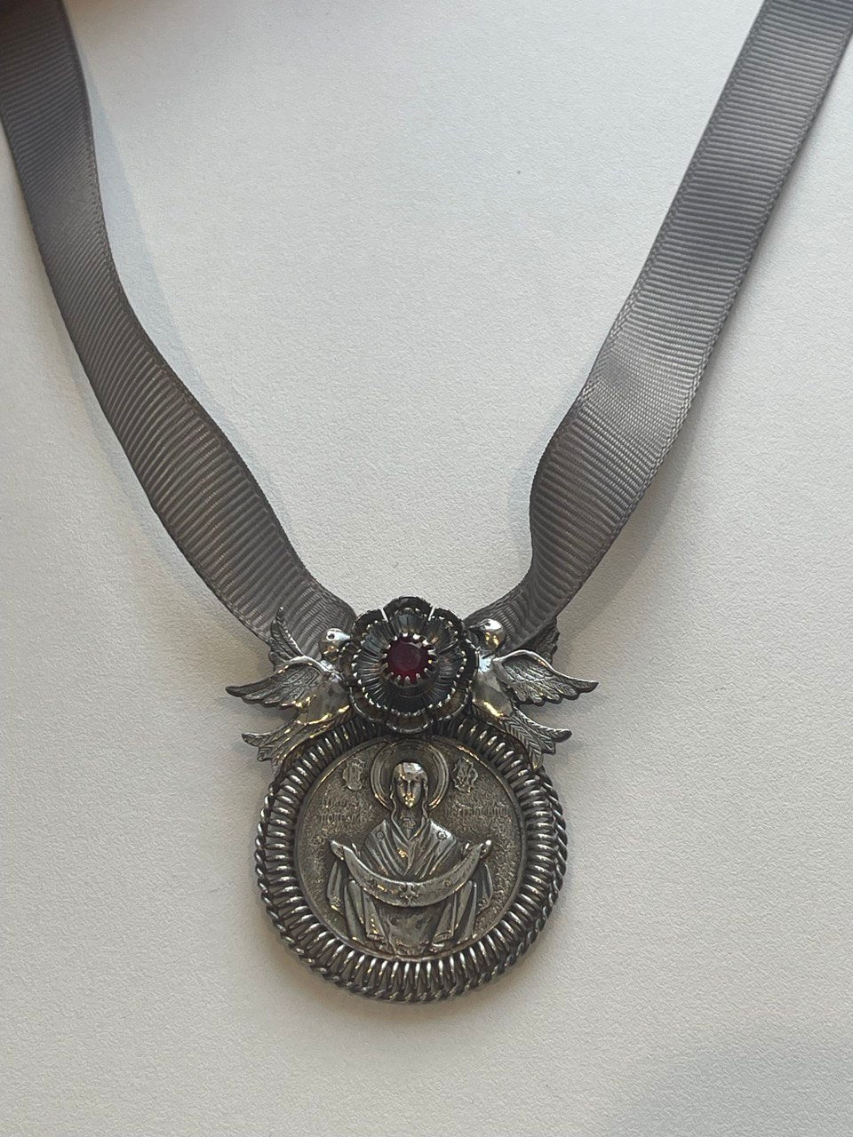 Ukrainian Silver Dukach Pendant - Mother of God's Protection Ethnic Necklace