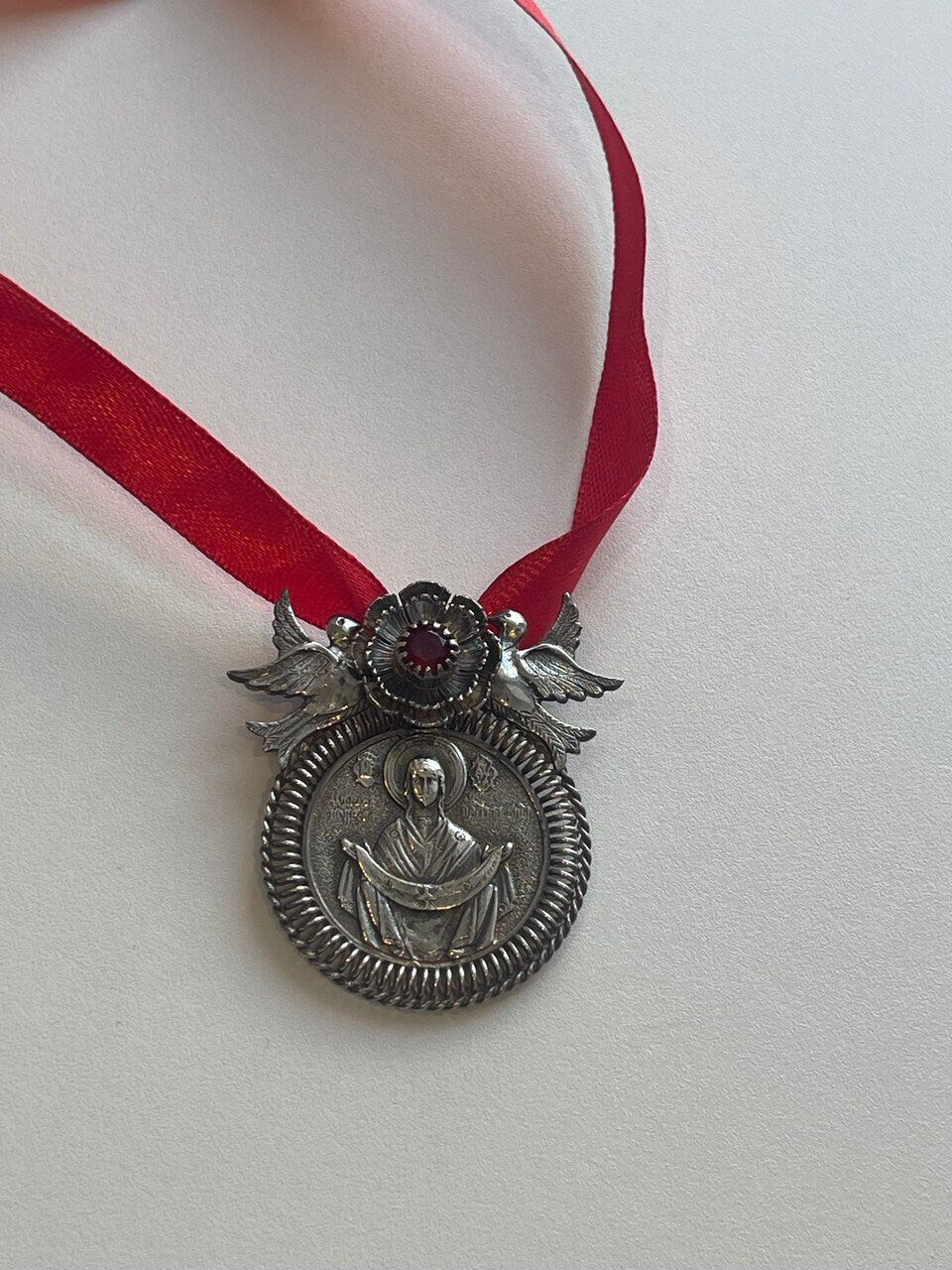 Ukrainian Silver Dukach Pendant - Mother of God's Protection Ethnic Necklace