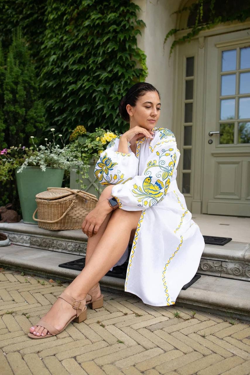 White Embroidered Victory Dress - Ukrainian Vyshyvanka Linen Boho