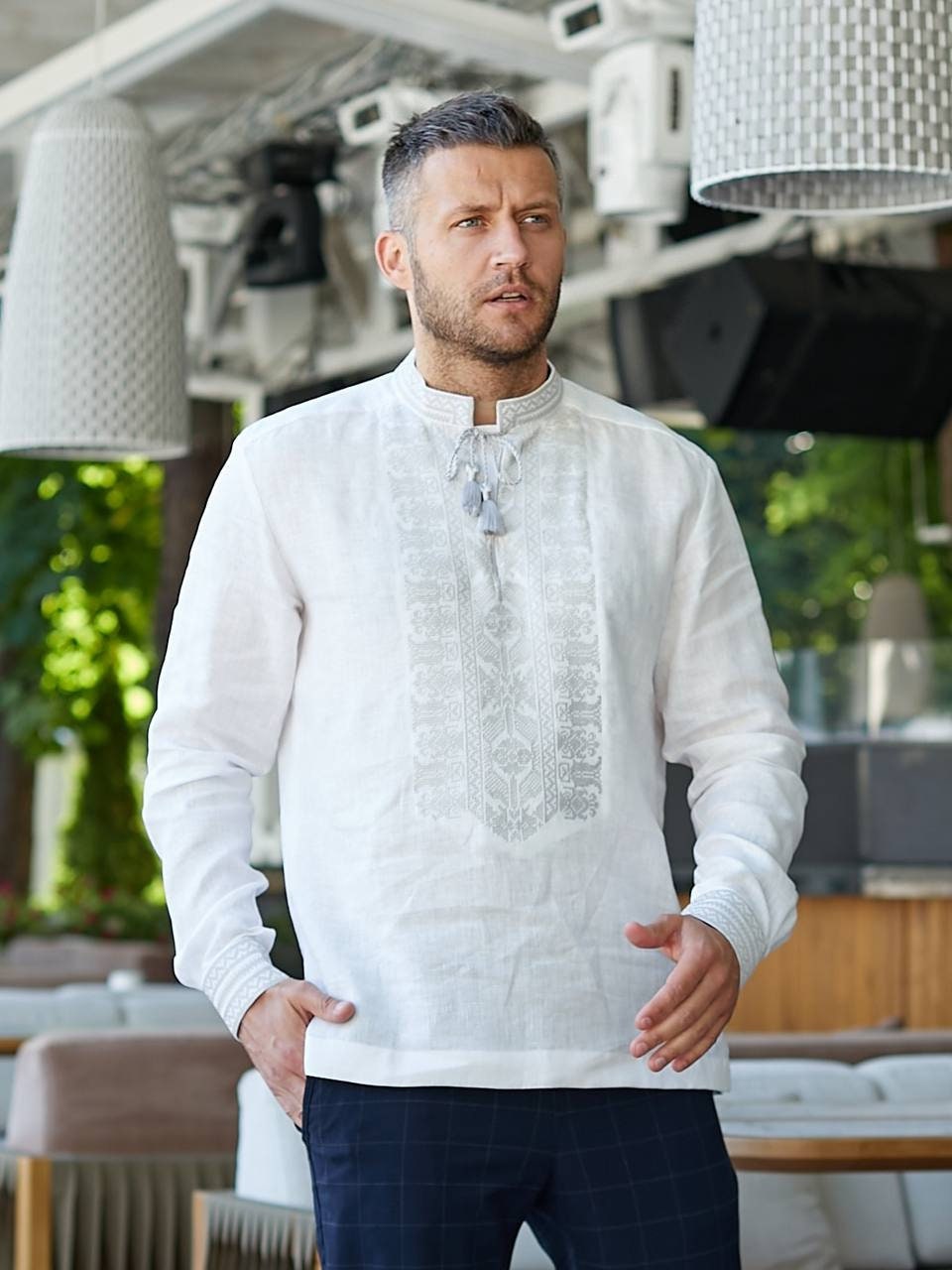 White Linen Ukrainian Wedding Shirt for Men - Embroidered Vyshyvanka