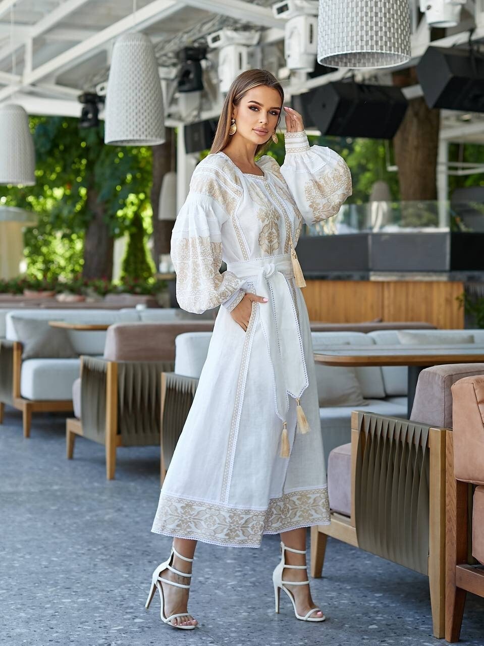 White Wedding Embroidered Linen Dress with Red Ukrainian Vyshyvanka Embroidery