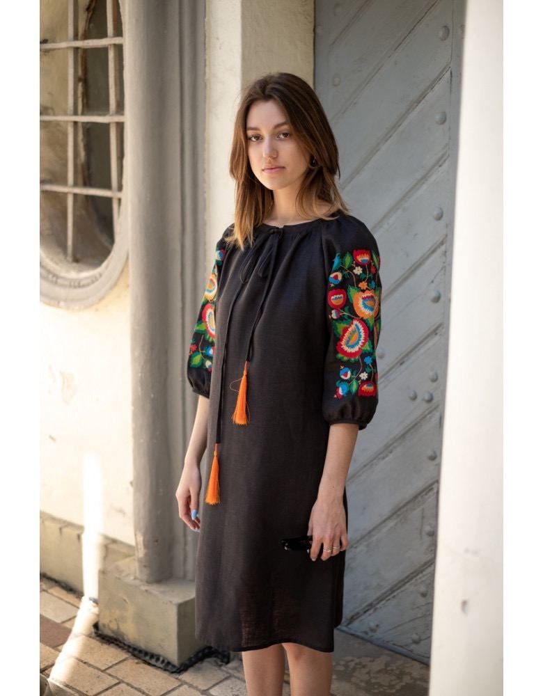 Black Linen Embroidered Dress with Embroidery Ukrainian Vyshyvanka Dress with Tassels