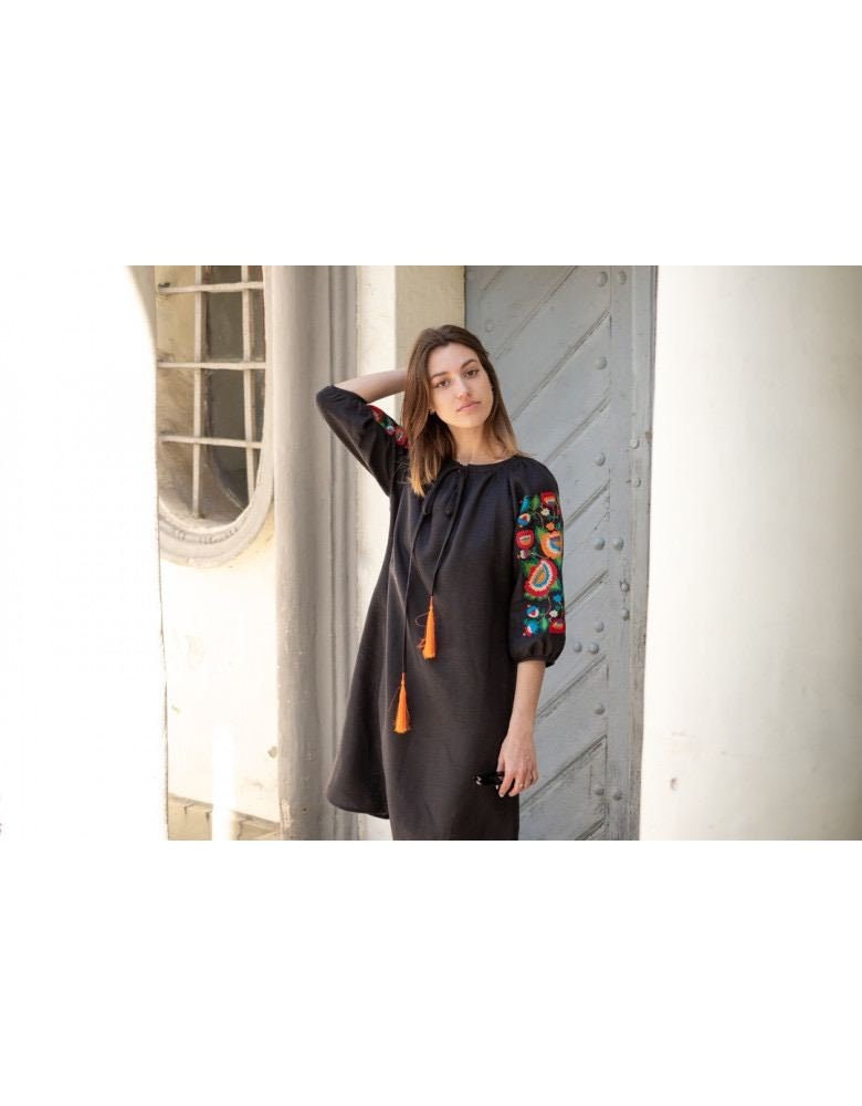 Black Linen Embroidered Dress with Embroidery Ukrainian Vyshyvanka Dress with Tassels