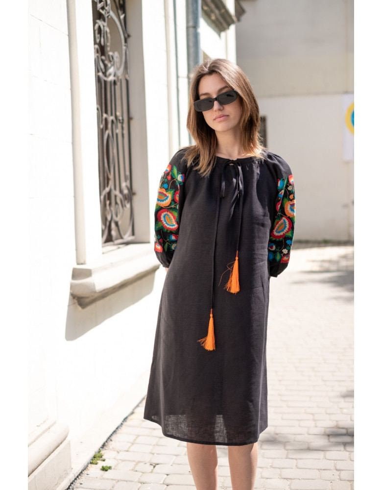Black Linen Embroidered Dress with Embroidery Ukrainian Vyshyvanka Dress with Tassels