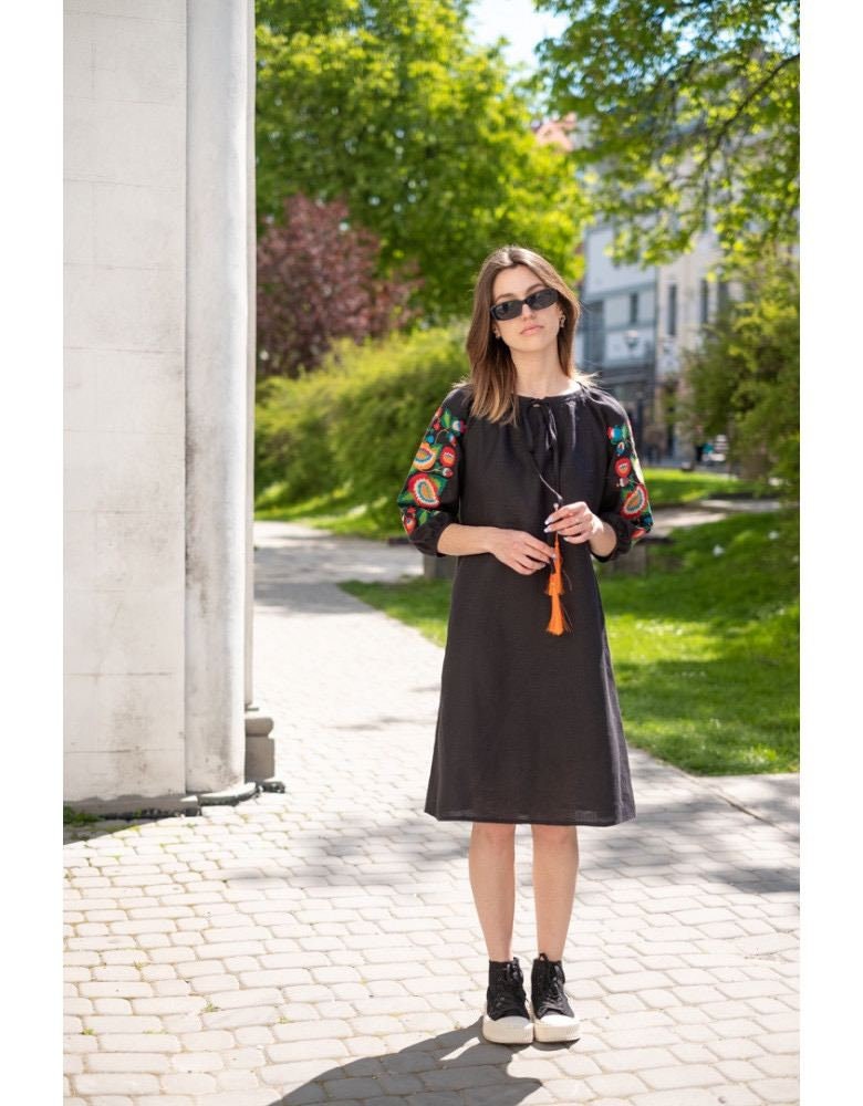 Black Linen Embroidered Ukrainian Vyshyvanka Dress with Tassels - Boho Style