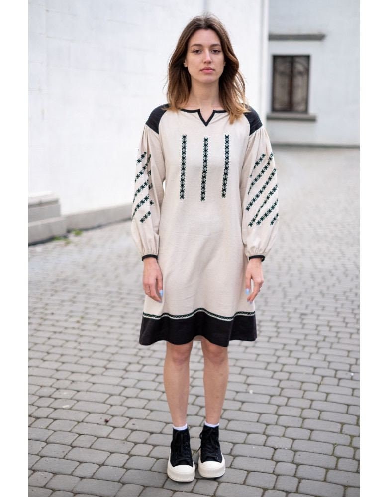 Beige Linen Embroidered Ukrainian Vyshyvanka Dress | Boho Ethnic Caftan for Easter